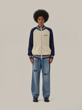 Load image into Gallery viewer, Blue & White High Neck Wool Knitted Zipper Cardigan