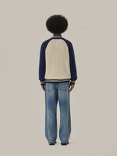 Load image into Gallery viewer, Blue & White High Neck Wool Knitted Zipper Cardigan