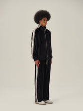 Load image into Gallery viewer, Black & White Velvet Stripe Patchwork Trousers