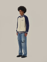 Load image into Gallery viewer, Blue & White High Neck Wool Knitted Zipper Cardigan