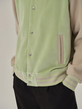 Load image into Gallery viewer, Avocado Green Velvet Wool Patchwork Baseball Jacket