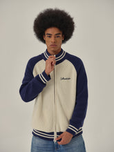 Load image into Gallery viewer, Blue & White High Neck Wool Knitted Zipper Cardigan