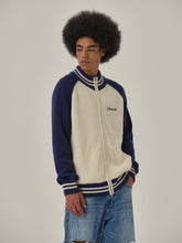 Load image into Gallery viewer, Blue & White High Neck Wool Knitted Zipper Cardigan
