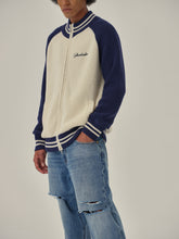 Load image into Gallery viewer, Blue & White High Neck Wool Knitted Zipper Cardigan