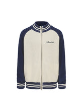 Load image into Gallery viewer, Blue & White High Neck Wool Knitted Zipper Cardigan