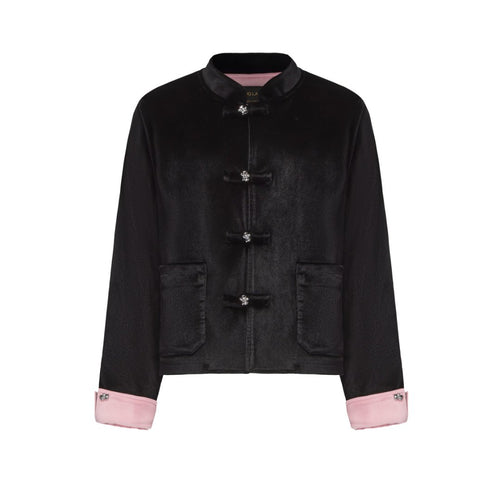 Black and Pink Velvet Tang Suit For Kids