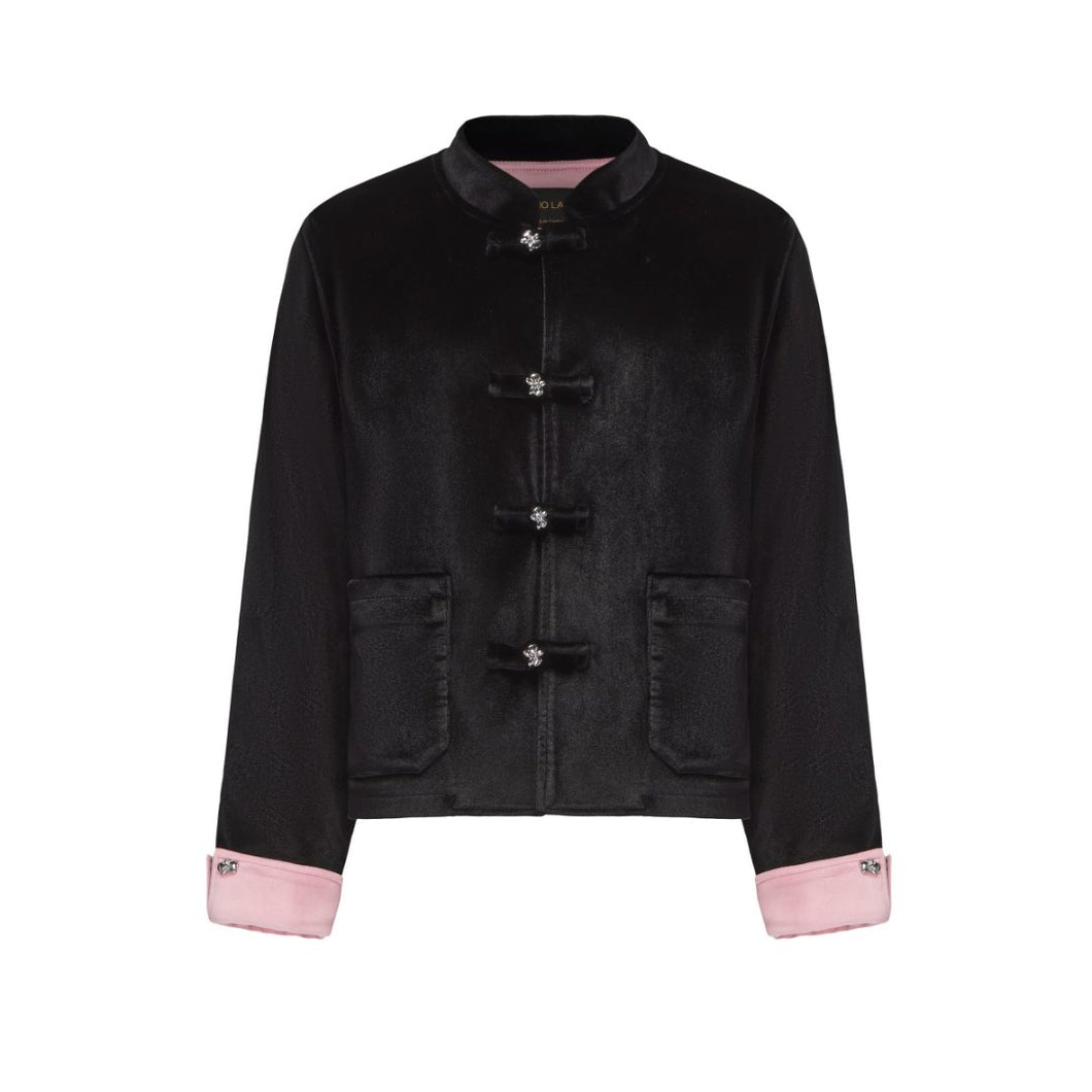 Black and Pink Velvet Tang Suit For Kids