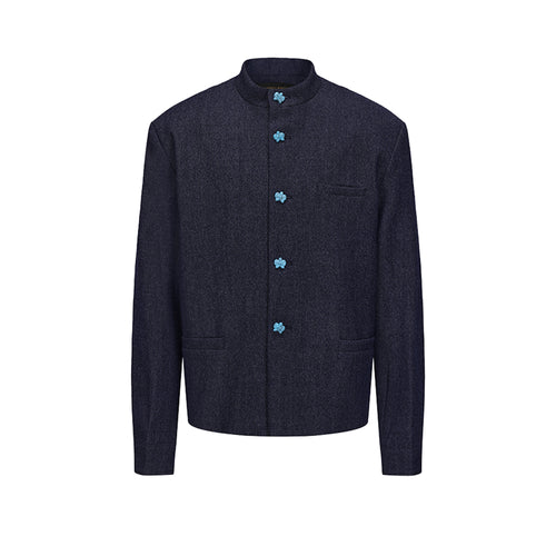 Dark Blue Wool Denim Chinese Tunic Suit