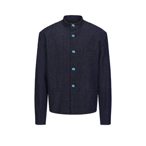 Dark Blue Wool Denim Chinese Tunic Suit