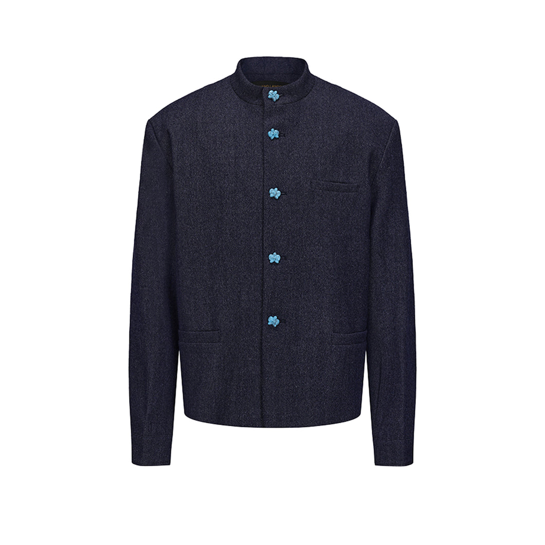 Dark Blue Wool Denim Chinese Tunic Suit