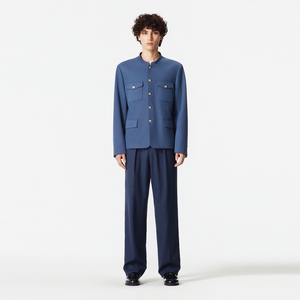 Navy Blue Suede Chinese Tunic Suit