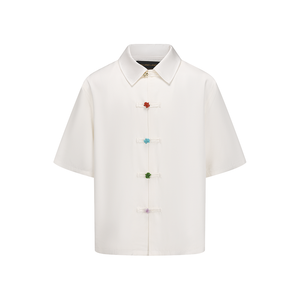 Cream White Acetic Acid Linen Short Sleeve Tang Suit