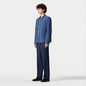 Navy Blue Suede Chinese Tunic Suit