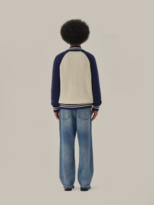 Blue & White High Neck Wool Knitted Zipper Cardigan