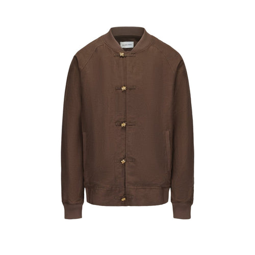 Brown Silk Linen Knot Button Bomber Jacket