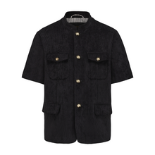 Load image into Gallery viewer, Black Corduroy Short Sleeve Chinese Tunic Suit