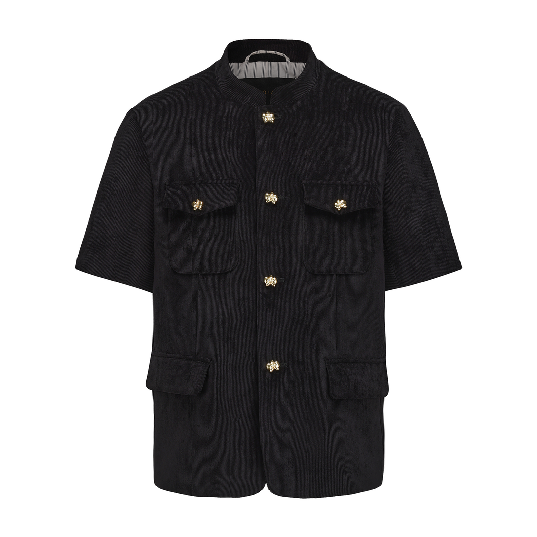 Black Corduroy Short Sleeve Chinese Tunic Suit