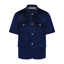 Load image into Gallery viewer, Dark Blue Velvet Short Sleeve Chinese Tunic Suit