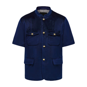 Dark Blue Velvet Short Sleeve Chinese Tunic Suit