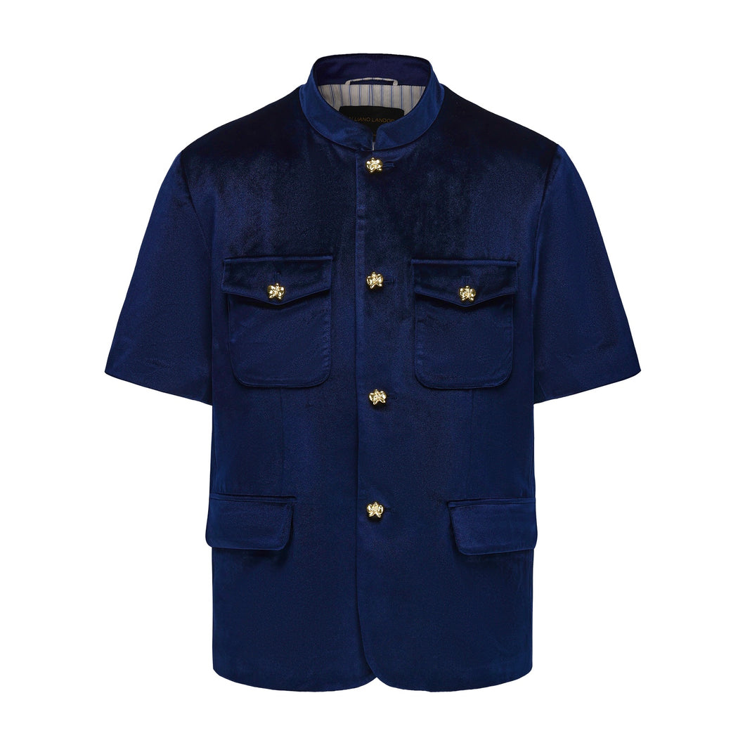 Dark Blue Velvet Short Sleeve Chinese Tunic Suit