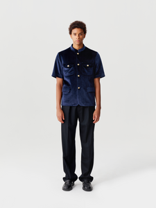 Dark Blue Velvet Short Sleeve Chinese Tunic Suit