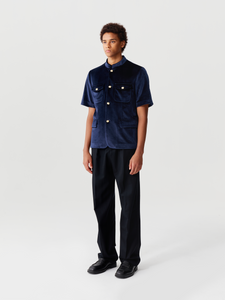 Dark Blue Velvet Short Sleeve Chinese Tunic Suit