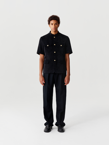 Black Corduroy Short Sleeve Chinese Tunic Suit