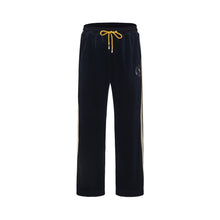 Load image into Gallery viewer, Navy Blue and Gilt Velvet Panel Pants
