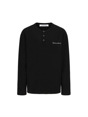 Black Henry collar Waffle-Knit Long Sleeve T-Shirt