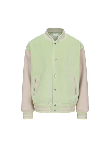 Avocado Green Velvet Wool Patchwork Baseball Jacket