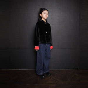 Black and Red Velvet Tang Suit For Kids