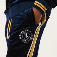 Load image into Gallery viewer, Navy Blue and Gilt Velvet Panel Pants