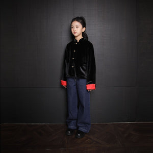 Black and Red Velvet Tang Suit For Kids