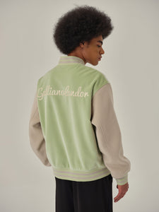 Avocado Green Velvet Wool Patchwork Baseball Jacket