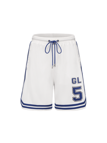 Cream White & Blue Mesh Drawstring Patchwork Shorts