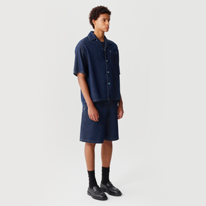 Dark Blue Silk Denim Short-Sleeve Shirt