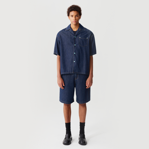 Dark Blue Silk Denim Short-Sleeve Shirt