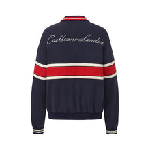 Load image into Gallery viewer, Navy Blue Red White Stripe Panel Polo Sweatshirt