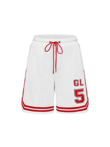 Cream White & Red Mesh Drawstring Patchwork Shorts