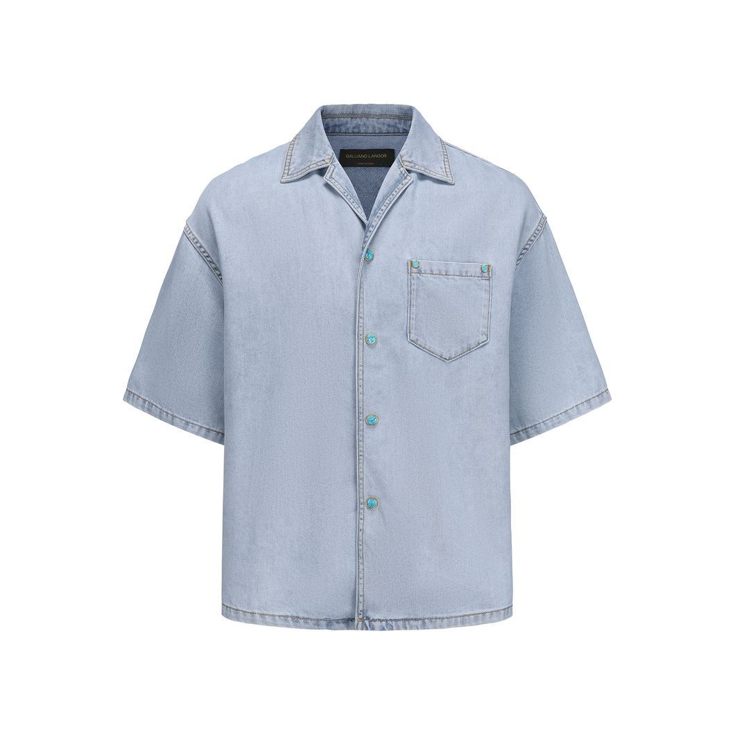 Light Blue Silk Denim Short-Sleeve Shirt
