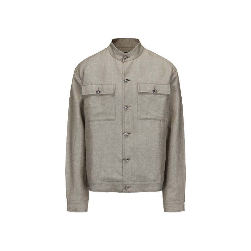 Olive Green Wool Linen Chinese Tunic Suit