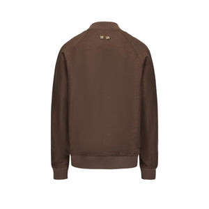 Brown Silk Linen Knot Button Bomber Jacket