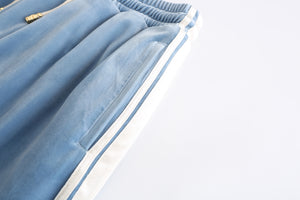University Blue Velvet Stripe Patchwork Trousers