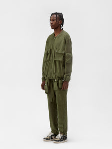 Olive Suede Fabric Capsule Pockets  Drawstring Trousers