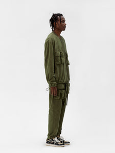 Olive Suede Fabric Capsule Pockets  Drawstring Trousers