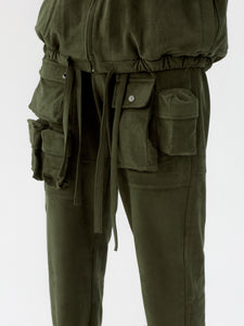 Olive Suede Fabric Capsule Pockets  Drawstring Trousers